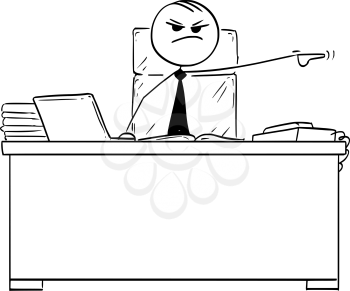 Cartoon vector stick man stickman drawing of boss behind office desk pointing his left arm to fire dismiss a worker.