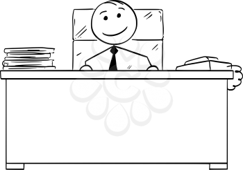 Cartoon vector stick man stickman drawing of happy boss smiling behind his office desk.