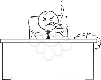Cartoon vector stick man stickman drawing of business boss sitting behind office desk smoking big cigar