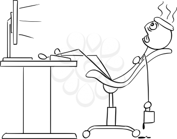 Cartoon vector stick man stickman drawing of man sitting exhausted tired in front of the computer with legs on the desk cooling his head with ice and coffee mug in his hand.