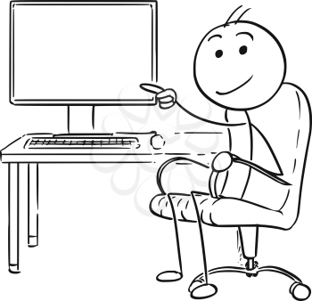 Cartoon vector stick man stickman drawing of man sitting in a office chair pointing at empty desktop computer screen display.