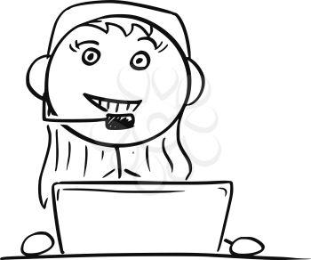 Cartoon vector stick man stickman drawing of female Call Center Customer Support Service Representative