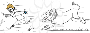 Cartoon vector male tourist is running away from male lion pursuing him