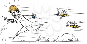 Cartoon vector male tourist is running away from large bee or wasp swarm pursuing him