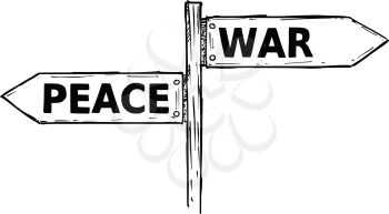 Vector cartoon doodle hand drawn crossroad wooden direction sign with two arrows pointing  left and right as war or peace decision guide