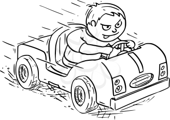 Hand drawing vector cartoon of a boy driving pedal or battery operated electric kids car.