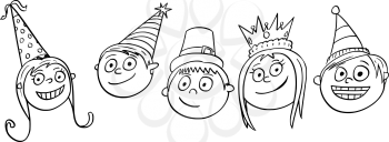 Hand  drawing cartoon vector illustration of five smiling kids or children wearing party huts.