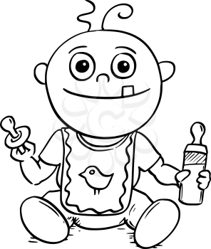 Hand  drawing cartoon vector illustration of happy smiling baby with dummy or pacifier or comforter and feeding or nursing or sucking bottle.
