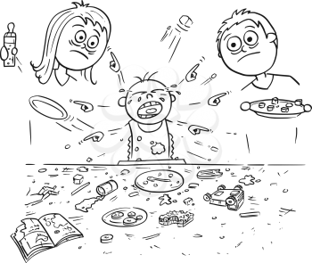 Hand drawing cartoon vector illustration of spoiled spoilt crying baby doing mess around during eating, pointing and demanding things all around. Unhappy parents - mother and father are standing behin