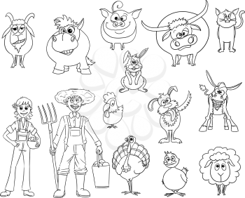 Hand drawn set of cartoon vector farm animals and male and female farmers