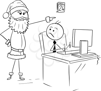 Cartoon stick man drawing illustration of man working on computer in office during Christmas, Santa Claus force him to leave.