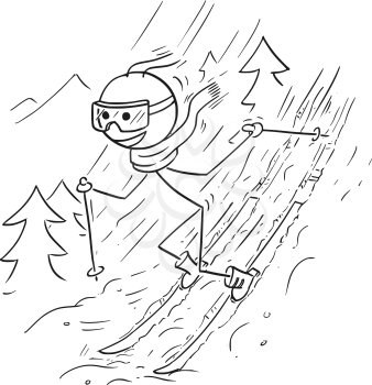 Cartoon drawing illustration of stick man doing extreme ski on snow in mountains.