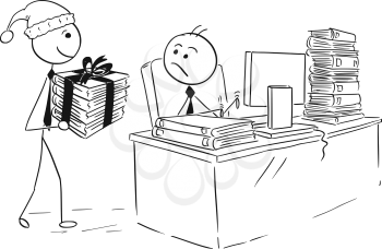 Cartoon stick man drawing illustration of man working on computer in office during Christmas, boss giving him more paper files work  as gift.