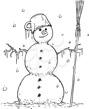 Cartoon drawing illustration of smiling snowman with broom and pot on the head.