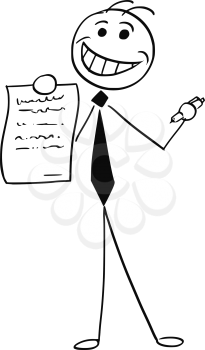 Cartoon vector illustration of smiling stick man businessman or salesman offering contract or agreement paper to signing.