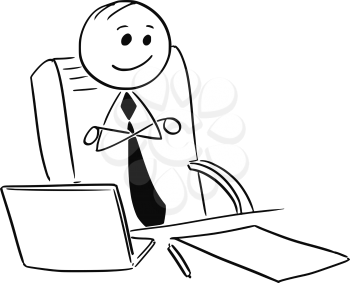 Cartoon stick man illustration of  happy satisfied contented businessman or boss or manager sitting in office with arms crossed.