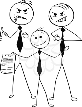 Cartoon stick man illustration of warm smiling businessman with two dangerous assistants offering suspicious unfair contract agreement.
