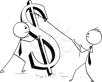 Cartoon stick man concept illustration of two business men businessman erecting large dollar sign.