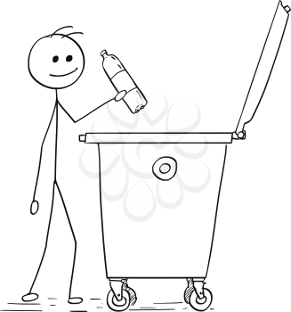Cartoon stick man illustration of man throwing empty plastic bottle in to waste container.