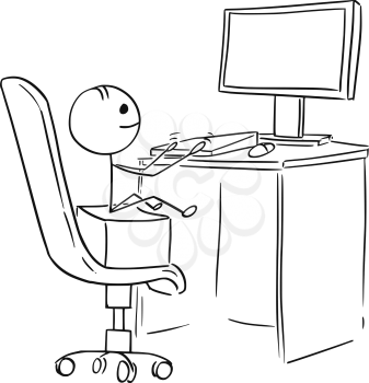 Cartoon stick man illustration of boy sitting on office chair and working typing playing on desktop computer.