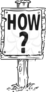 Vector drawing of wooden sign board with question mark and business text How.