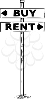 Vector drawing of buy or rent business decision traffic arrow sign.