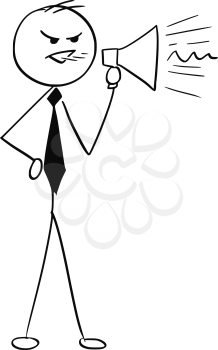 Cartoon stick man illustration of grumpy business man businessman yelling through megaphone.