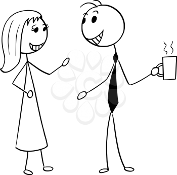 Cartoon stick man illustration of man and woman pair business people talking or chatting.