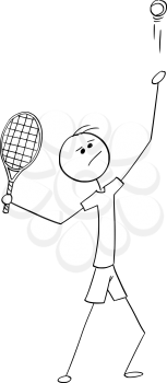 Cartoon stick man drawing illustration of one man male tennis player service serving ball with racket.