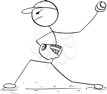 Cartoon stick man drawing illustration of male baseball player pitcher.