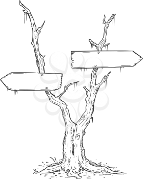 Vector drawing of dead swamp tree with decision arrow signs. 