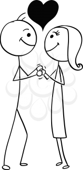 Cartoon stick man drawing illustration of man and woman in love holding each other with heart sign above.