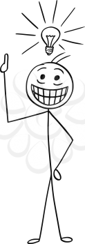 Cartoon stick man drawing illustration of man with shining light bulb above his head and with great happy smile. He just got great idea.