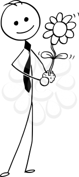 Cartoon stick man drawing conceptual illustration of businessman care about blooming plant in his hand. Business concept of investment, growth and success .