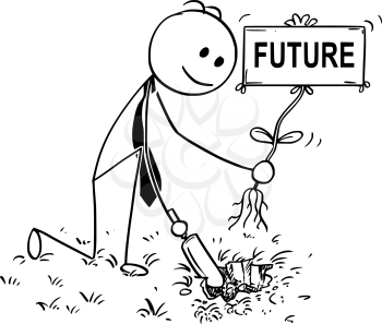 Cartoon stick man drawing conceptual illustration of businessman digging hole with small shovel to plant a tree with future sign as flower. Business concept of investment, growth and success.