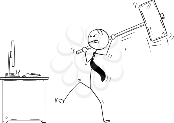 Cartoon stick man drawing conceptual illustration of angry businessman ready to destroy his office computer by large sledgehammer or hammer.