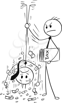 Cartoon stick man drawing conceptual illustration of taxation clerk shaking out money for tax from businessman.