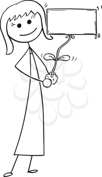 Cartoon stick man drawing conceptual illustration of businesswoman care about plant in his hand. Plant flower as empty or blank sign for text.