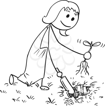 Cartoon stick man drawing illustration of gardener on garden digging a hole for plant with small shovel.