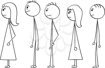 Cartoon stick man drawing conceptual illustration of group of people waiting in line or queue. Concept of stress and powerlessness.