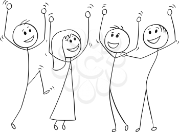 Cartoon stick man drawing illustration of business team or group of people celebrating success.