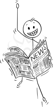 Cartoon stick man drawing conceptual illustration of happy celebrating businessman reading good or great news in newspaper.