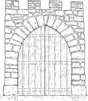 Cartoon vector doodle drawing illustration of medieval stone decision gate closed by wooden door .
