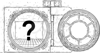 Cartoon vector doodle drawing illustration of open empty vault door with question mark inside. Business concept of crisis or bankrupt.
