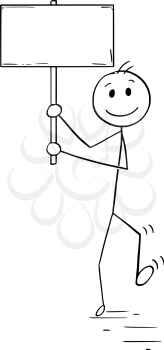 Cartoon stick man drawing conceptual illustration of protester or demonstrator or businessman walking and holding empty or blank sign for text.