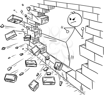 Cartoon stick man drawing conceptual illustration of businessman doing kung fu or karate kick to destroy the brick wall. Business concept of obstacle and solution.