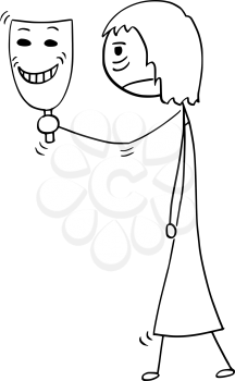 Cartoon stick man drawing conceptual illustration of sad or tired woman or businesswoman holding and showing happy smiling theater mask. Business concept of pretense and insisted false enthusiasm.