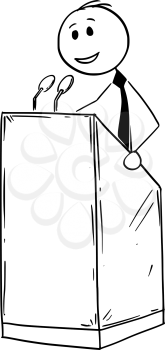 Cartoon stick man drawing conceptual illustration of businessman or business speaker or orator making speech or talking to public on podium behind lectern.