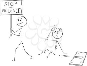 Cartoon stick man drawing conceptual illustration of businessman demonstrator or protester walking with stop violence sign after he hit his competitor with another sign. Business concept of unfair competition.
