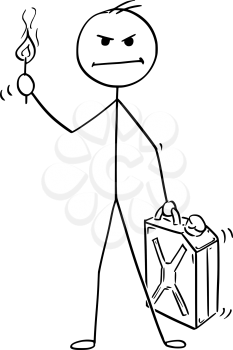 Cartoon stick man drawing conceptual illustration of angry businessman holding petrol or gas jerry can and flaming match.